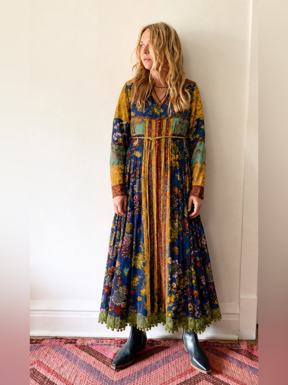 J. Peterman Navy and Mustard Floral Patchwork Maxi Dress
